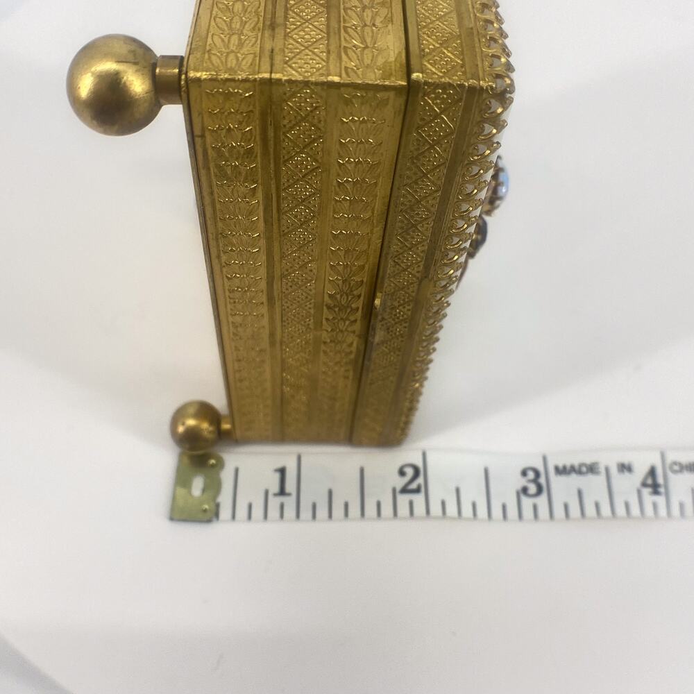 Vintage Austria Jeweled Trinket Box Gold Tone Etched Red Velvet Lined - Picture 16 of 16